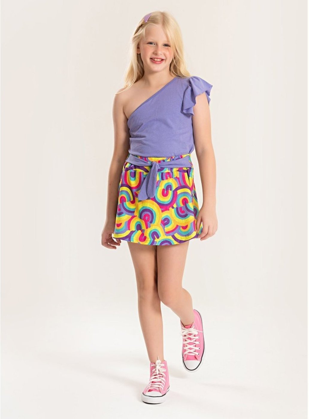Imagem principal Infantil - Conjunto Verão Menina Cropped um Ombro e Shorts Saia com Faixa Molekada roxo Molekada roxo