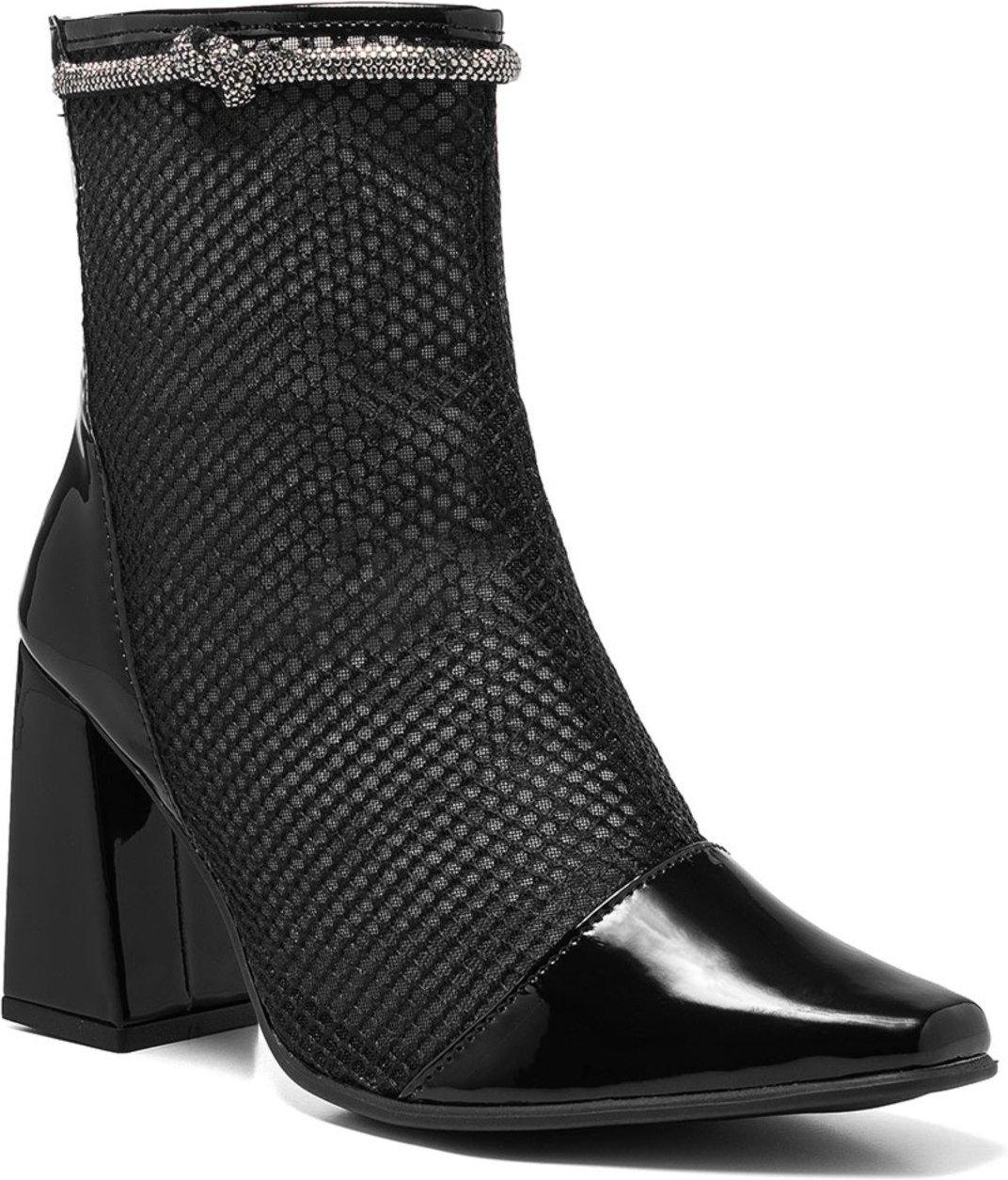 Bota Feminina Stessy Shoes Tela Cano Curto Bico Quadrado Strass Macia Verniz