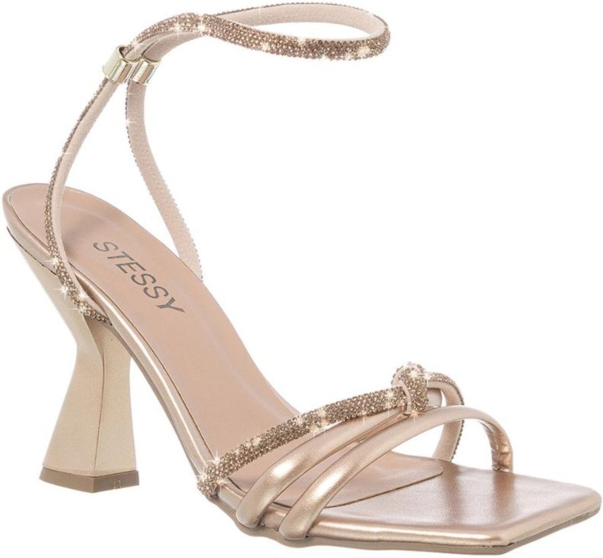 Sandália Feminina Stessy Shoes Com Strass Salto Alto Grosso Brilho