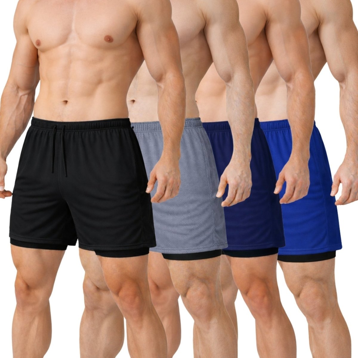 Imagem principal Kit 4 Short Treino Dry Fit Térmico 2 em 1 com Bolso para Celular e Porta-Toalha Calção Fitness Academia Relaxado azul marinho Relaxado azul marinho