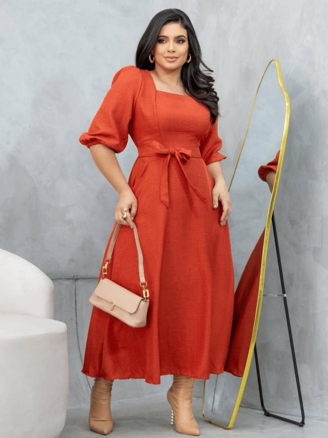 Imagem principal Vestido Midi Soltinho Manga 3/4 Elegante Social Moda Evangélica Sarah Cristina Brand azul marinho Sarah Cristina Brand azul marinho