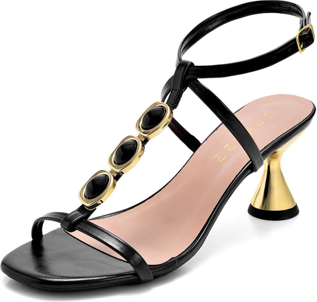 Sandália Feminina Lumiss Salto Baixo Taça Dourado Confortável Enfeite Pedras Fivela