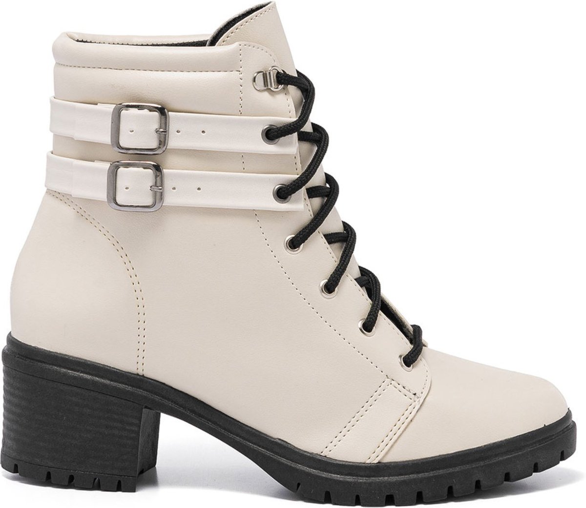 Bota Coturno Feminina Cano Baixo Tratorada Preto Confortável - Fivela