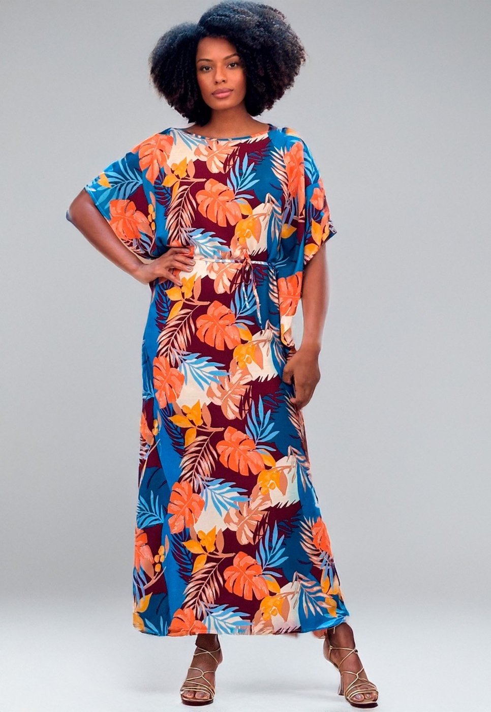 Vestido Amazonia Vital Kaftan Viscose Longo Estampa Aurora Profunda