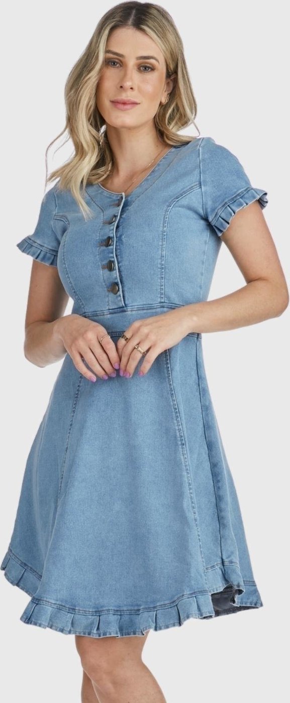 Vestido HNO Jeans Midi Manga Curta Babados na Barra e Manga