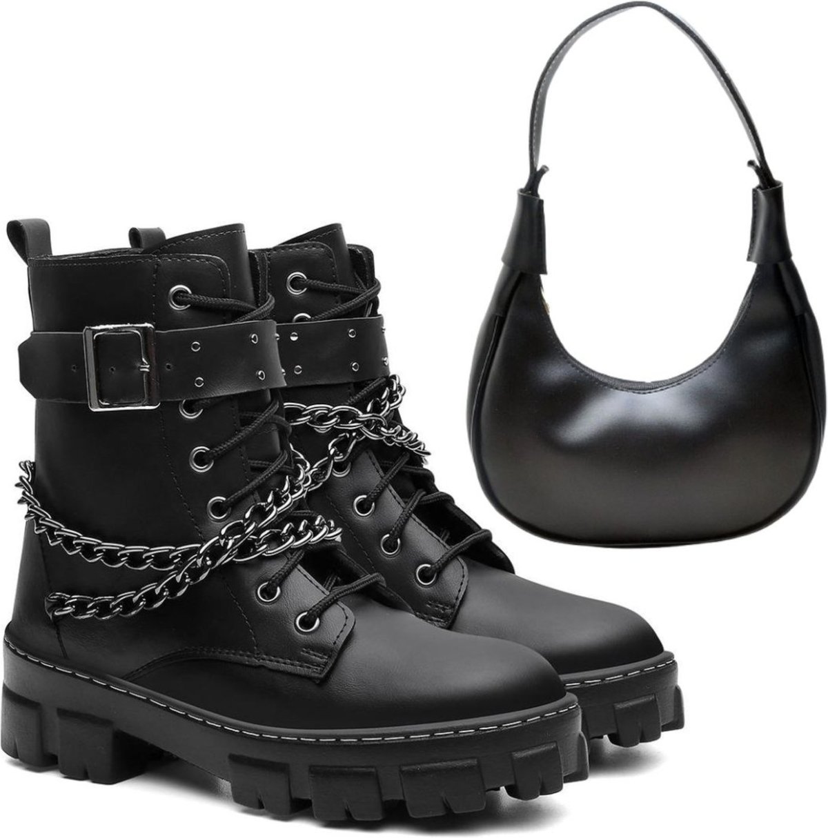 Kit Bota Feminina Coturno Anna Andrade Tratorado Casual Cano Baixo Corrente Tendência e Bolsa