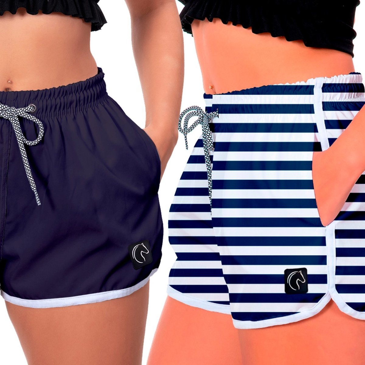 Imagem principal Kit 2 Shorts Feminino Premium Secagem Rápida com Elástico Cordão Ajustável e Bolsos Moda Praia Casual ou Treino Academia Marinho e Listrado W2 STORE azul/azul marinho azul W2 STORE azul/azul marinho azul