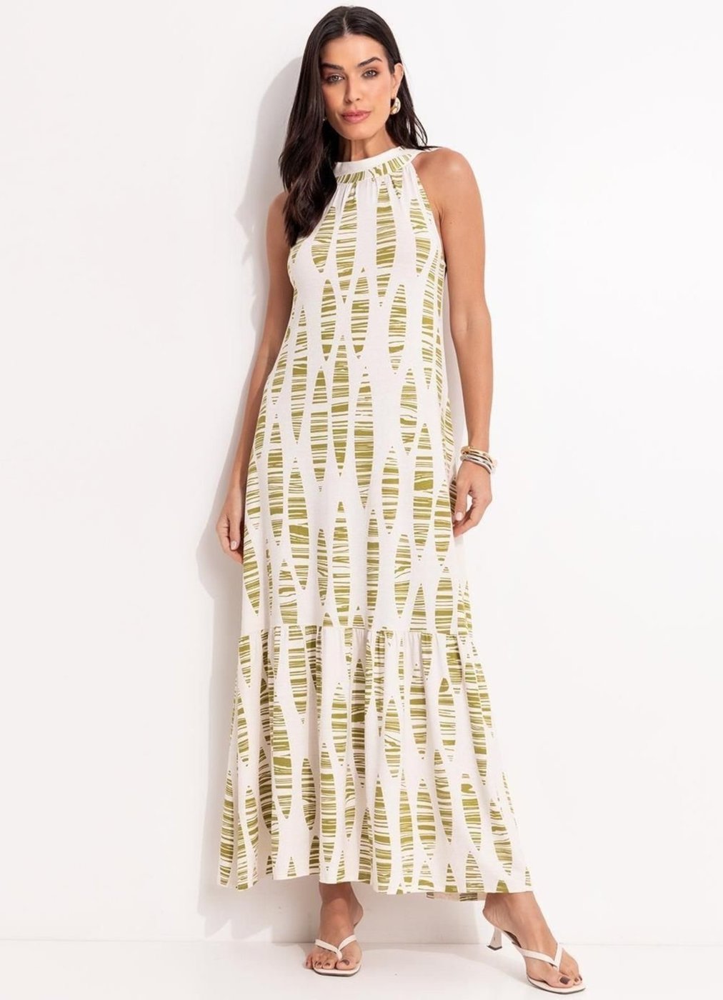 Vestido Em Malha De Viscose Folhas Listradas