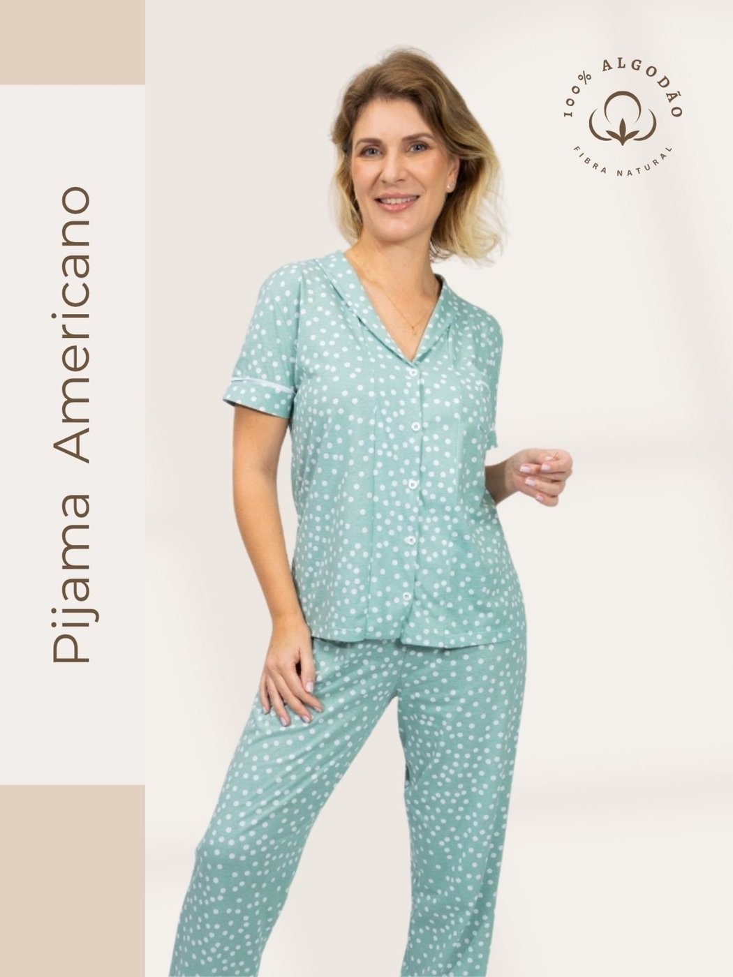 Pijama Algodão Americano Feminino Camisa Manga Curta e Calça Joana Poá