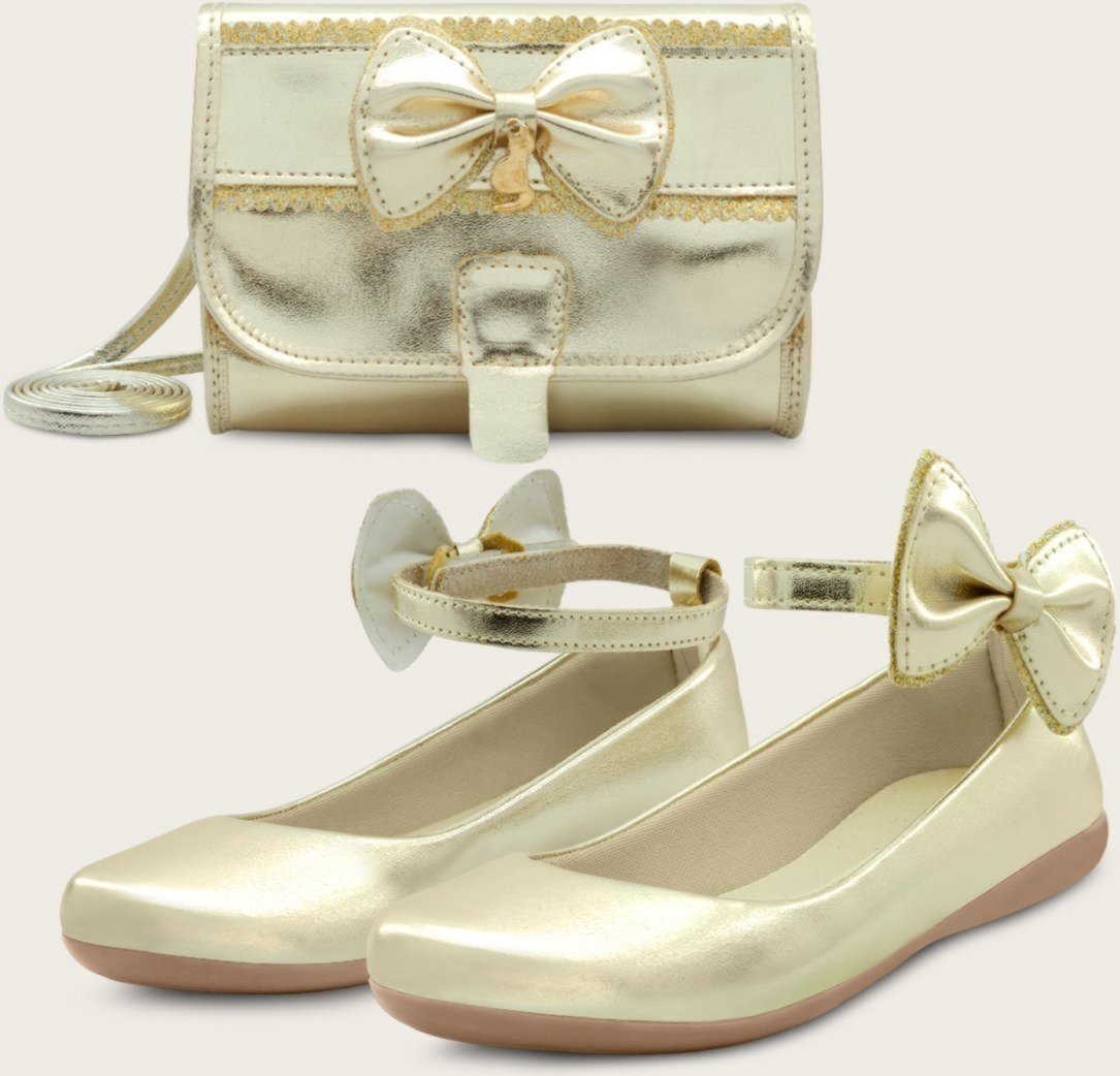 Imagem principal Infantil - Kit Sapatilha Menina Festa MzKid Com Bolsa Laço Feminina Boneca Dourada dourado Mzkid dourado