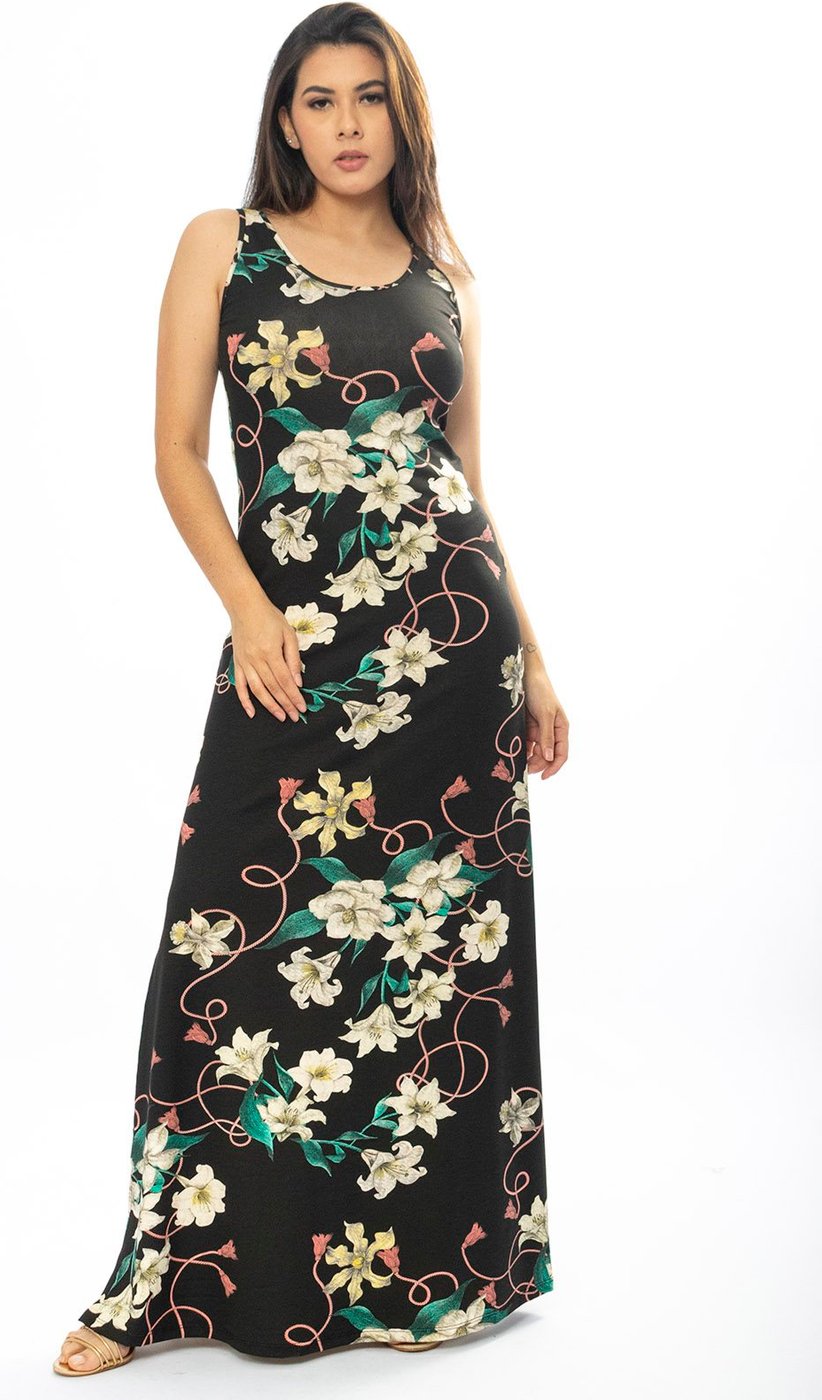 Vestido Longo Cabanafree Butiá Malha Regata Estampa Flores Ébano