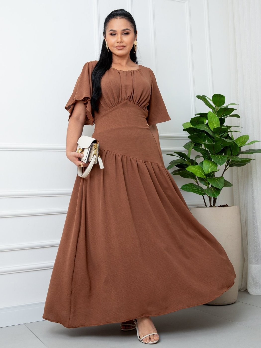 Vestido Longo Marsala Manga Fluida Decote Quadrado - Elegância e Conforto