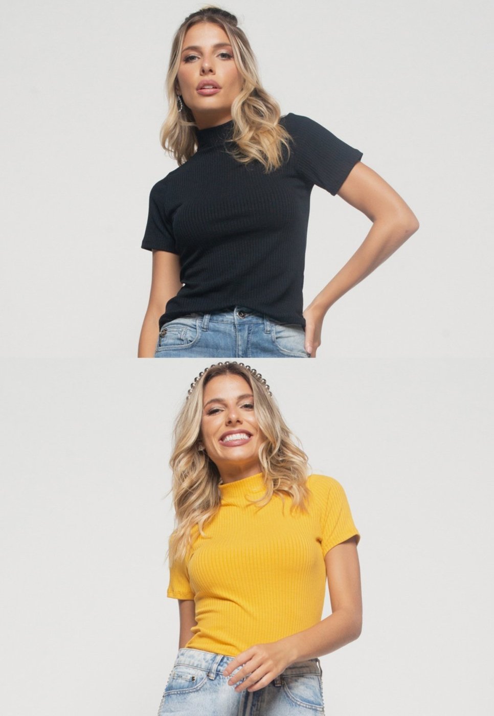 Kit 2 Blusas Salvatore Gola Alta Comfy Malha Canelada Preta e Mostarda
