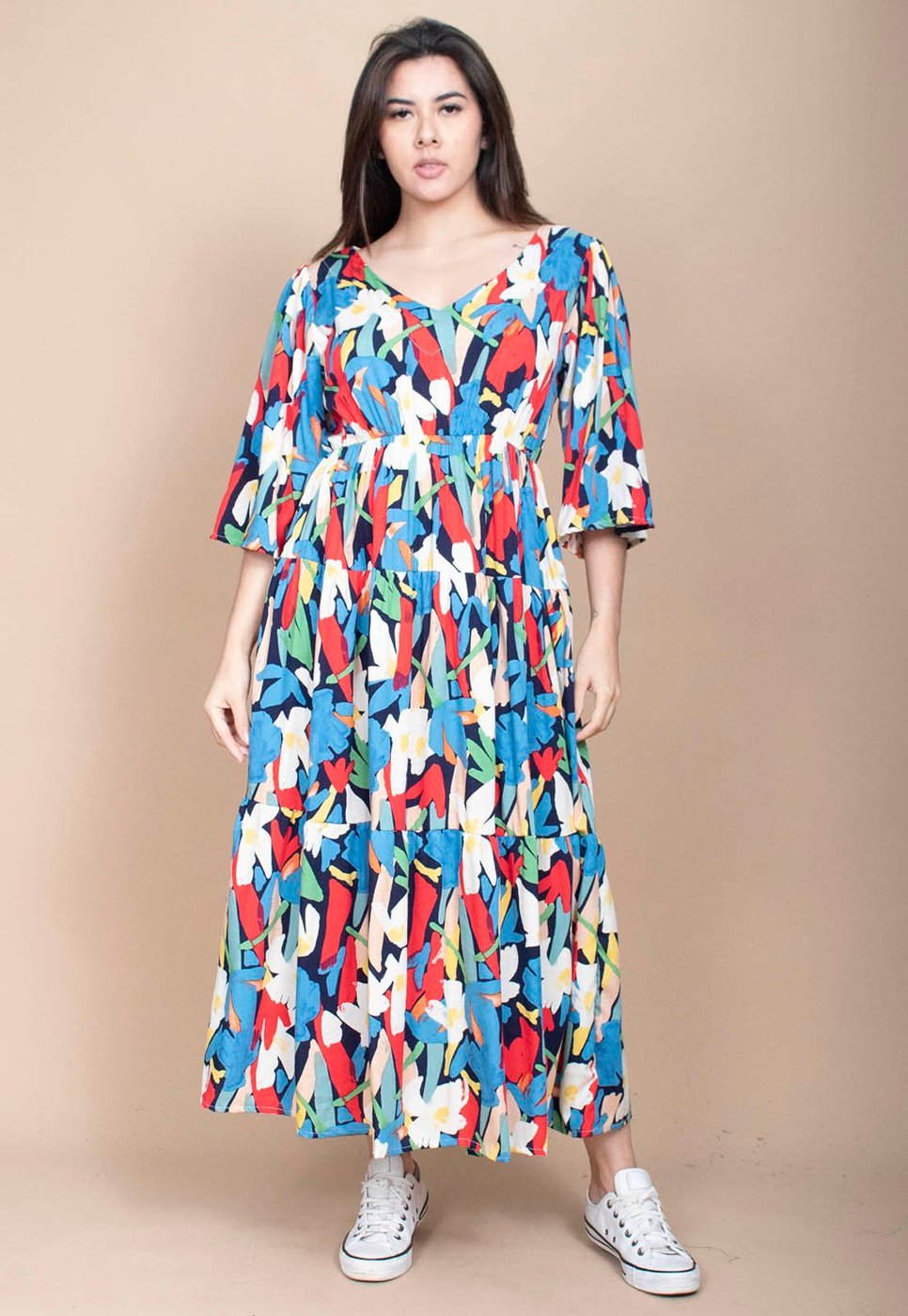 Vestido Longo Cabanafree Plano com Manga e Camadas Estampa Floresce