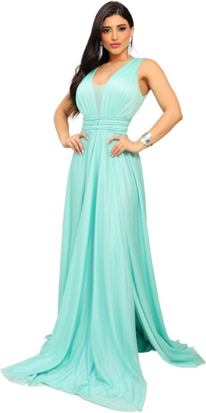 Imagem principal Vestido Longo de Festa Madrinhas Decote em V Micro tule com Brilho Felicia Menta Cia do Vestido verde Cia do Vestido verde