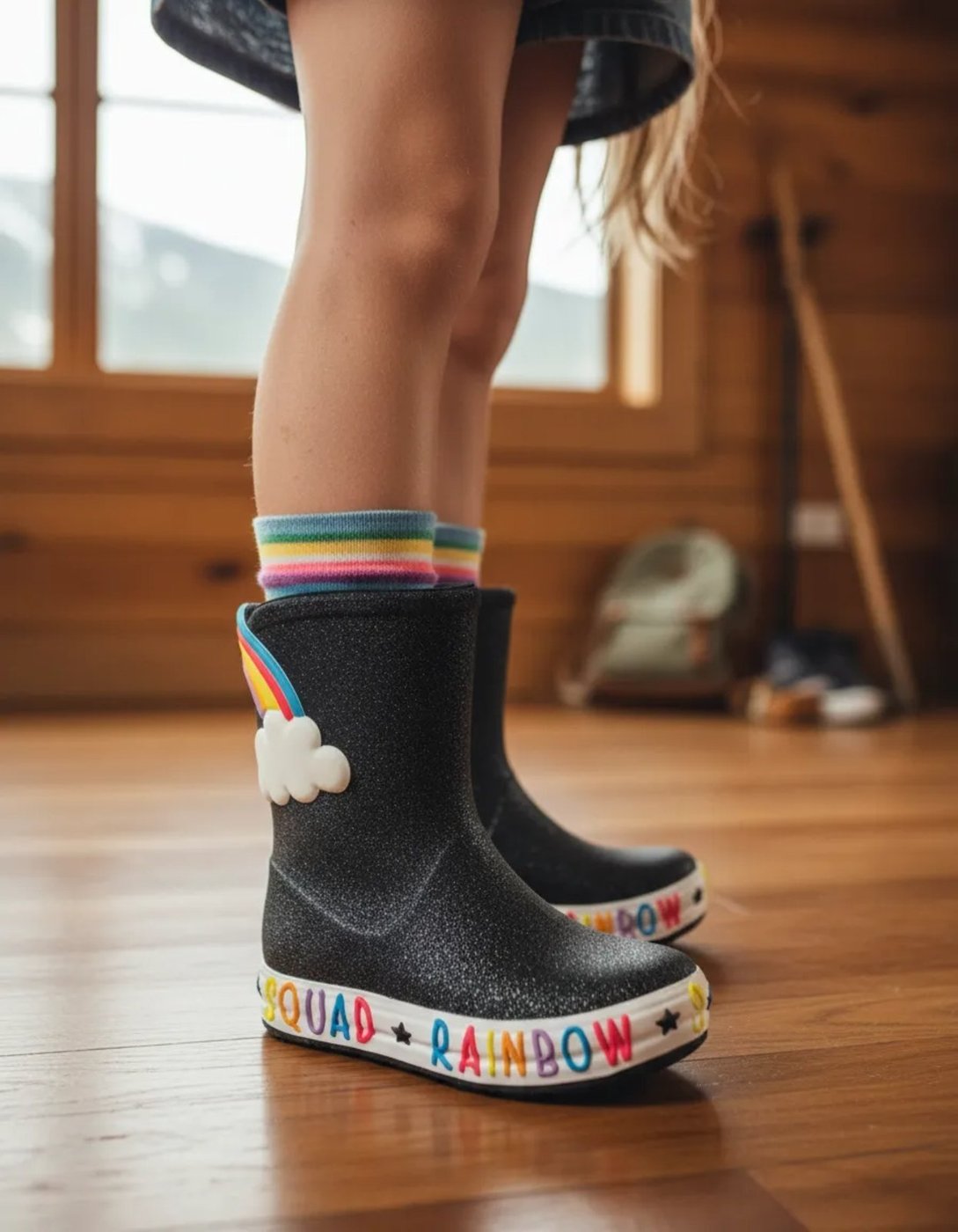 Infantil - Galocha Feminina Plugt Botinha Nuvem Arco Iris Gliter Preta