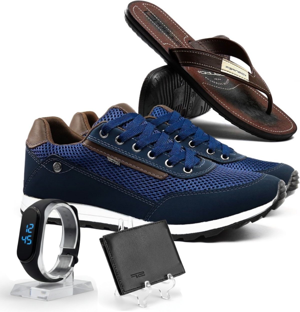 Kit Tênis Masculino Casual Jogging + Chinelo Danper + Carteira + Relógio Digital
