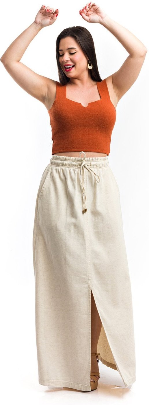 Saia Longa Restrito Jeans de Linho Com Elástico - AREIA