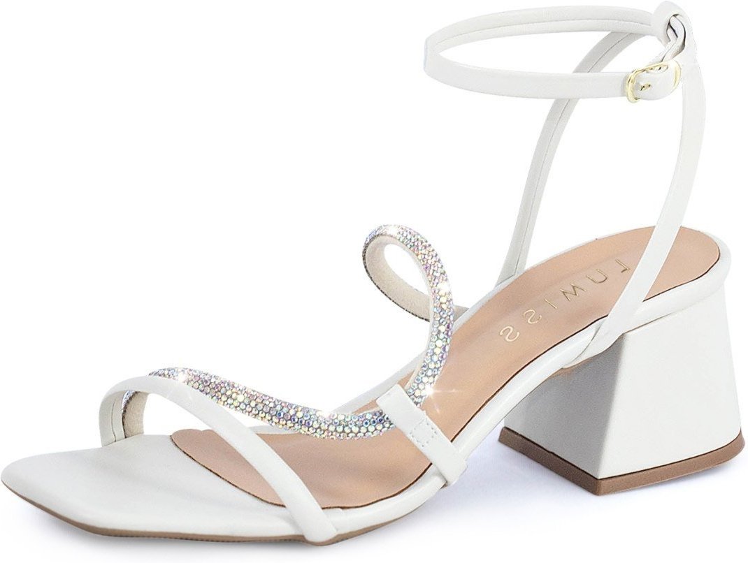 Sandália Feminina Strass Brilho Lumiss Salto Bloco Baixo Confortável Off White