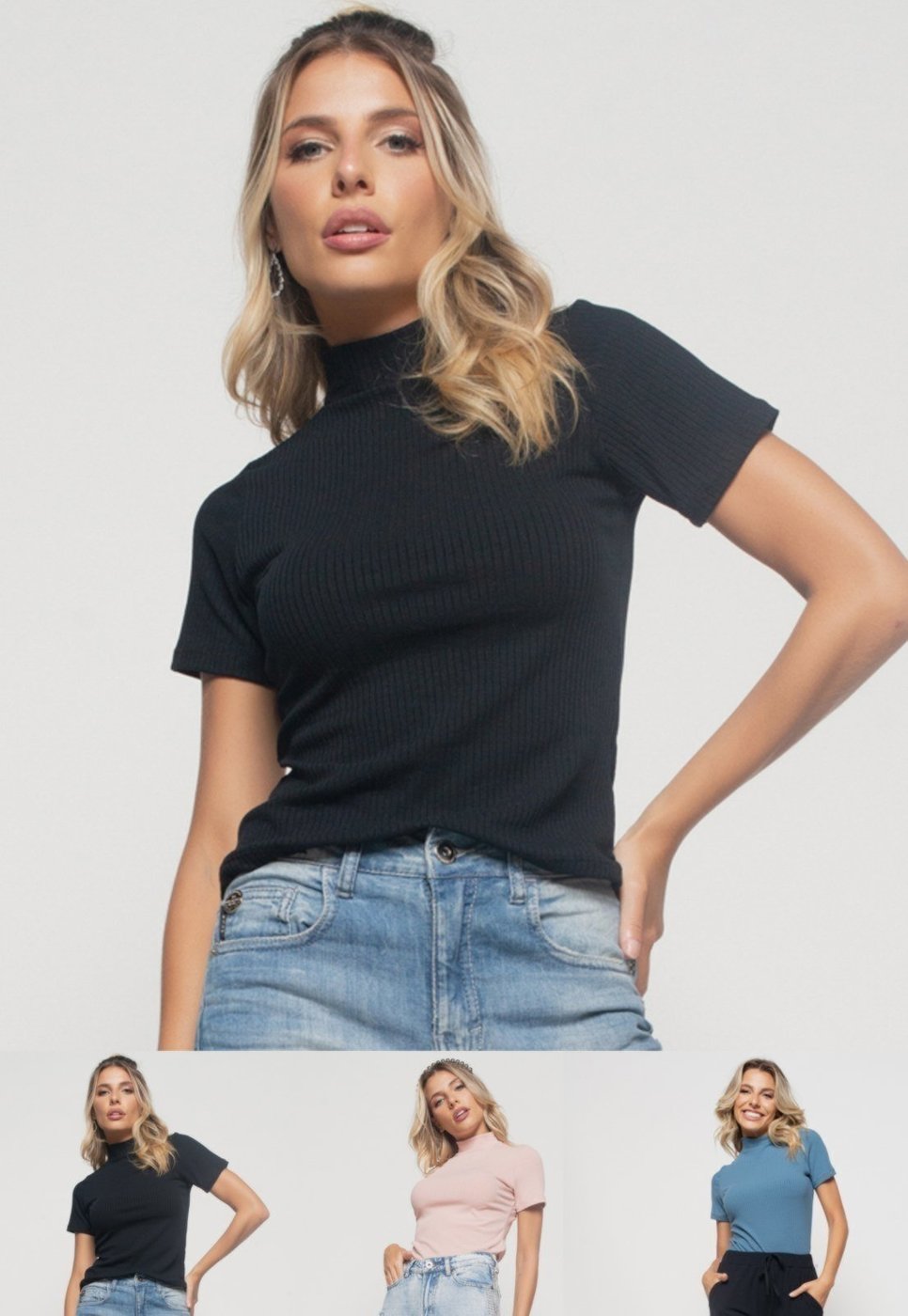 Kit 3 Blusas Salvatore Gola Alta Comfy Malha Canelada Preta, Rosa e