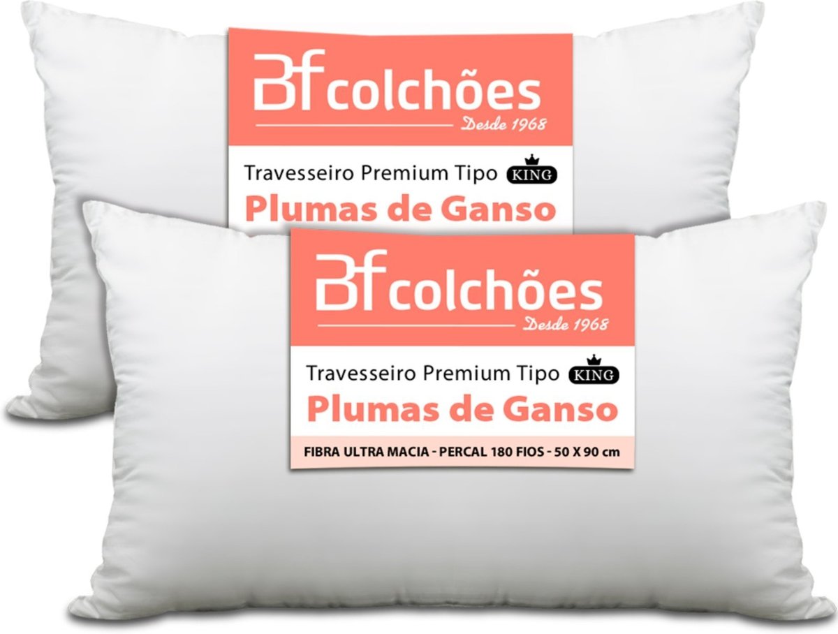 Imagem principal Kit 2 Travesseiro King Premium De Fibra Conforto Extra tipo Pluma De Ganso Ecológica 50x90 BF Colchões branco BF Colchoes branco