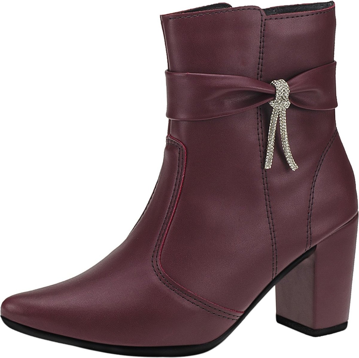 Bota Feminina Lóris Shoes Bico Fino com Zíper Lateral Cano Curto Salto com Acessório Lacinho 204 Marsala