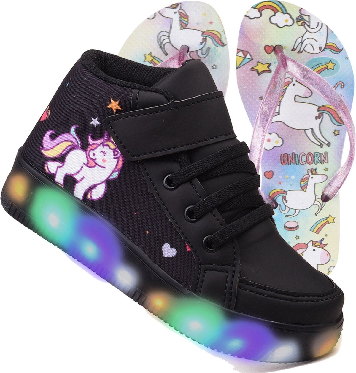Imagem principal Infantil - Tenis Feminino de Led Botinha Unicornio Meninas Calce Facil + Chinelo Venza preto Venza preto