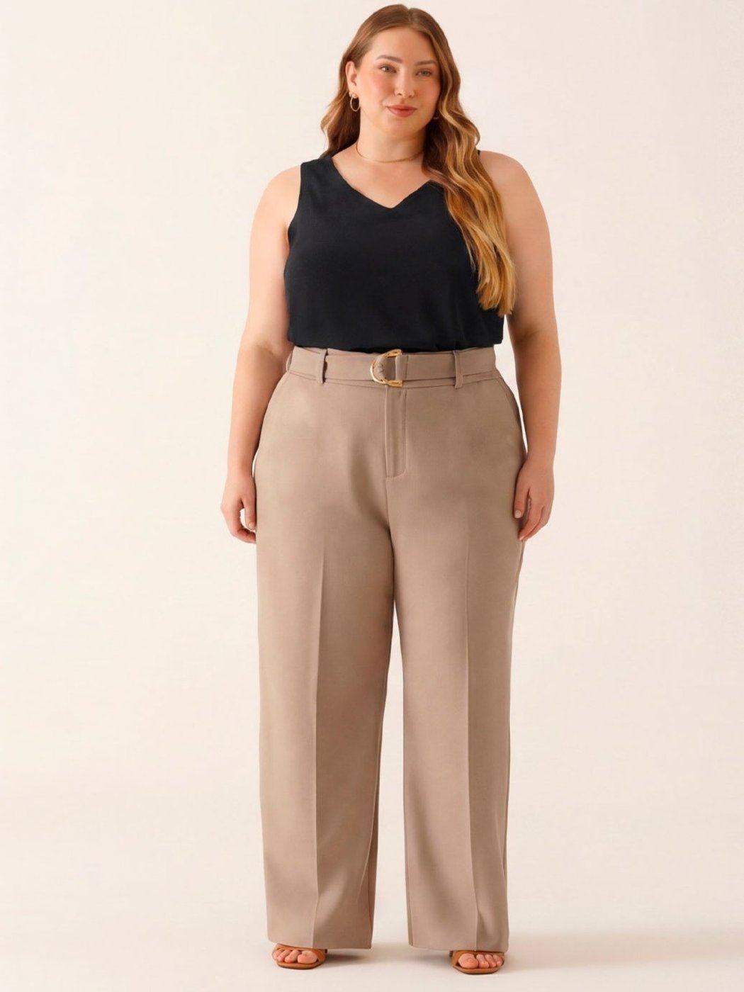 Calça Wide Leg de Alfaiataria Plus Size Mocha Mousse Lorde
