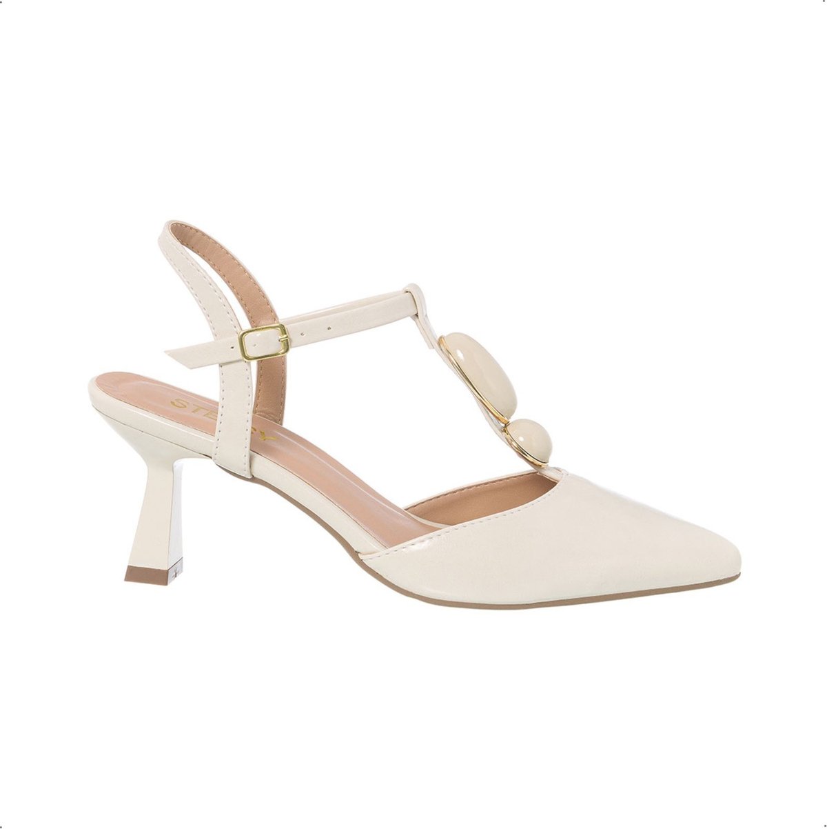 Imagem principal Scarpin Feminino Stessy Slingback Salto Baixo Taça Pedrarias Elegante Off White Stessy Shoes off-white white Stessy Shoes off-white white