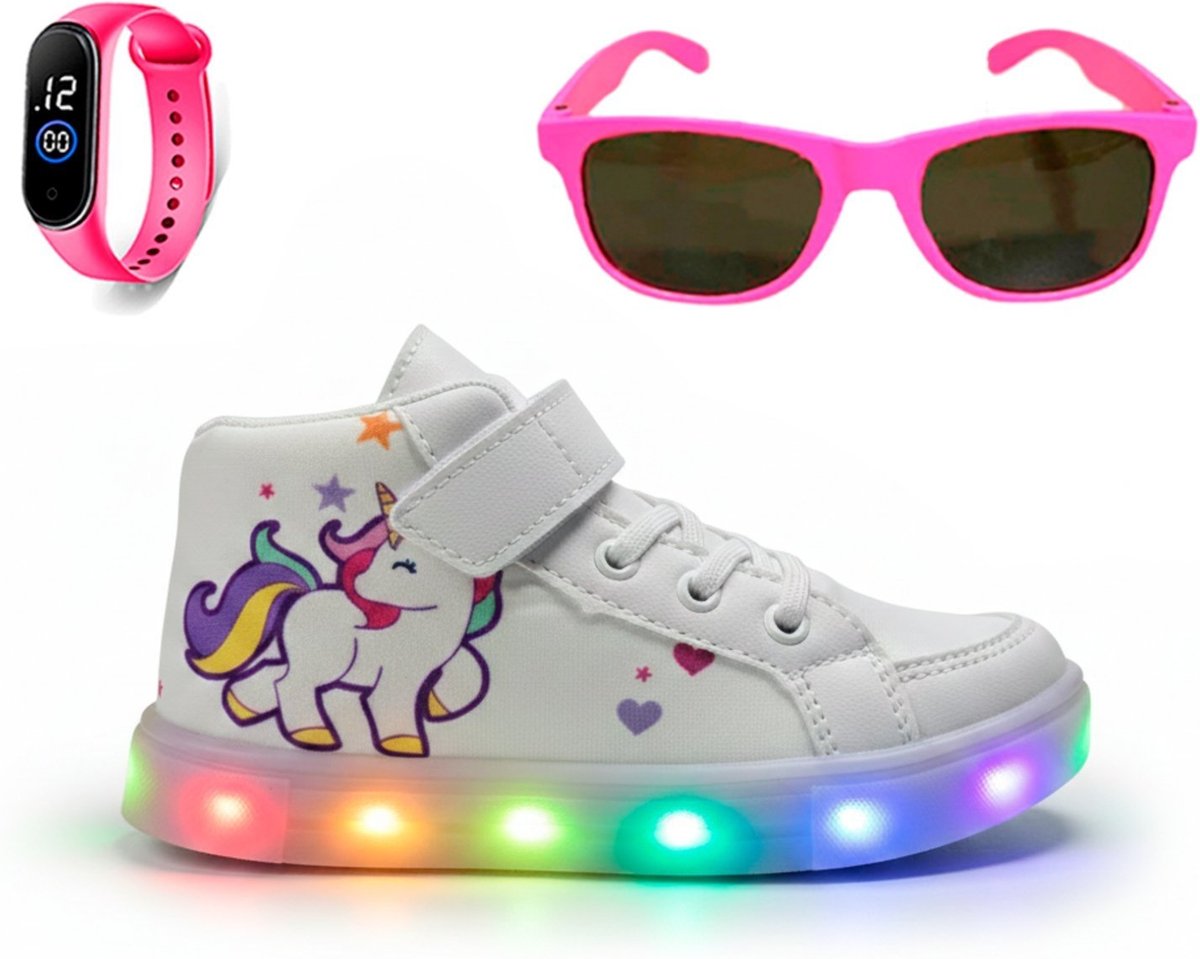 Infantil - Kit Tênis Estilo Botinha com Led na Sola de Unicórnio para Meninas Confortável + Óculos Escuros + Relógio Digital