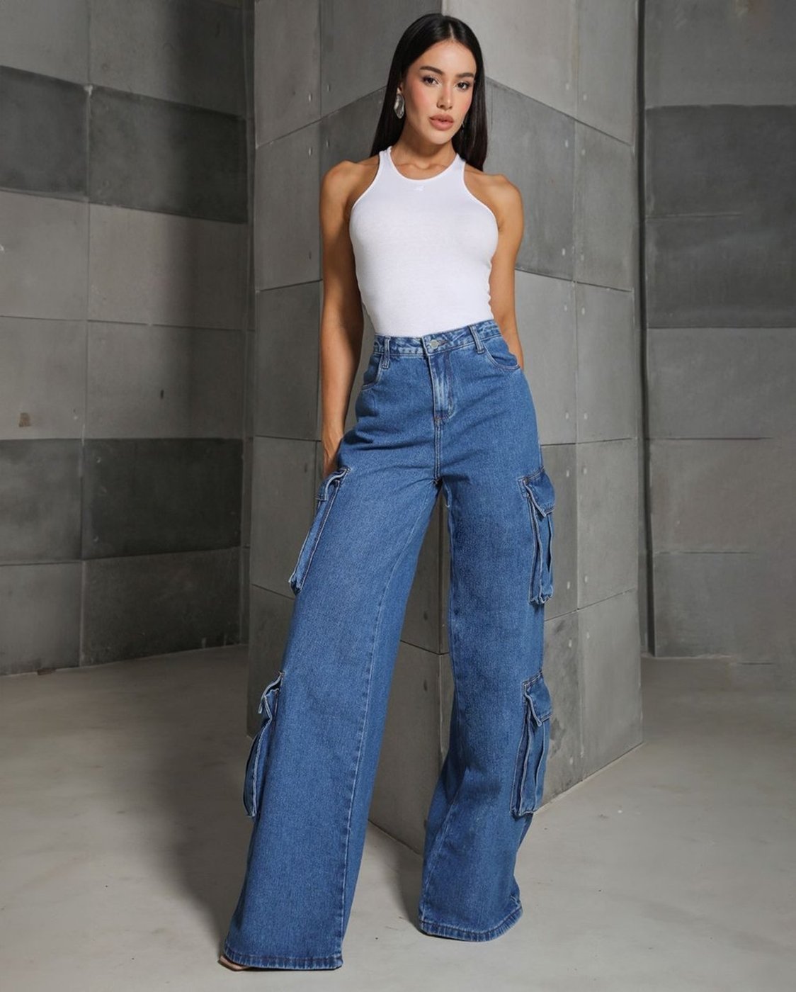 Calça Wide Leg Feminina Relaxed Cargo 24920 Sky Médio