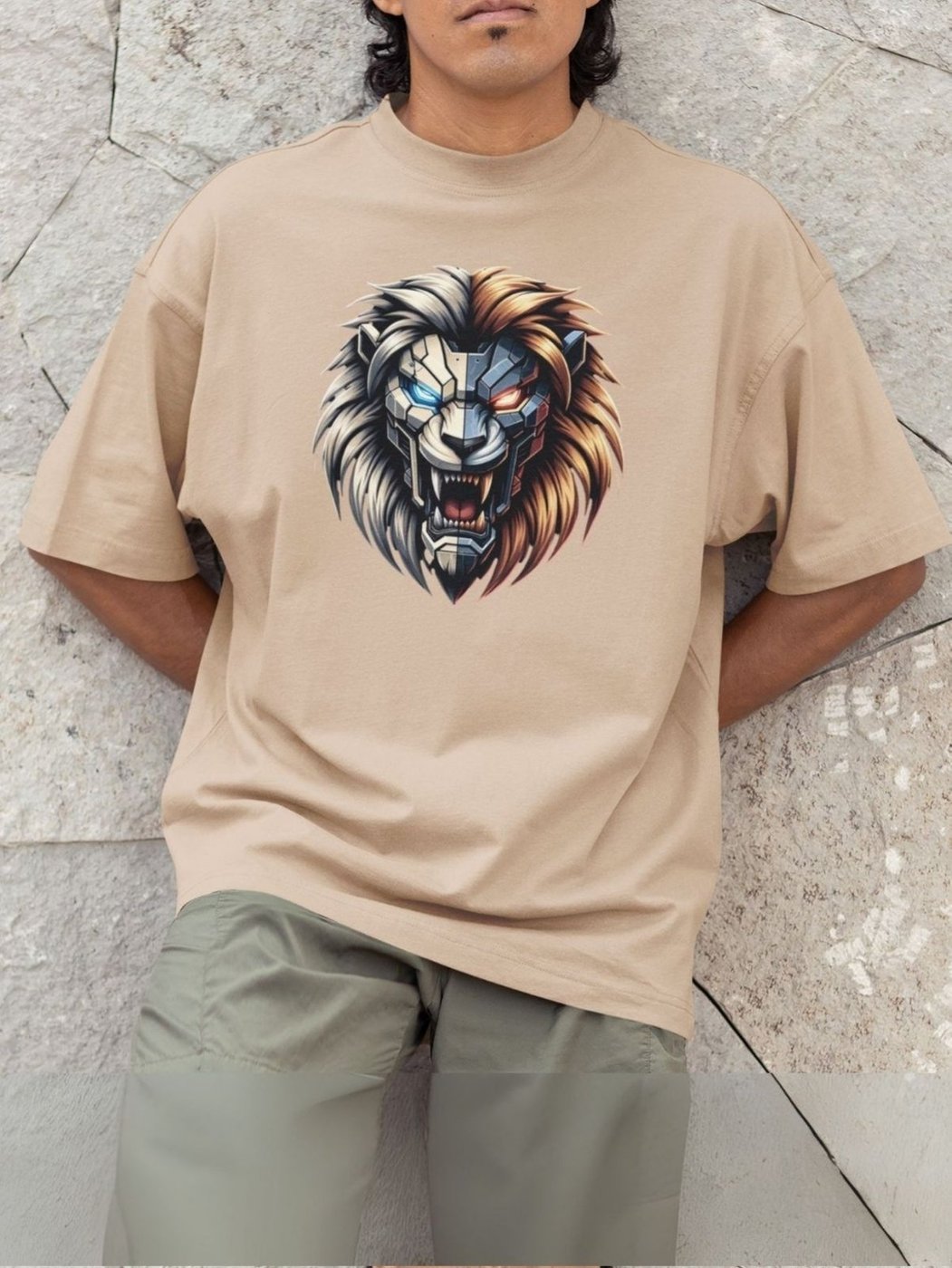 Imagem principal Camiseta Básica Masculina GuGi Leão Robótico Cyberpunk Scifi Futurista Caqui cáqui caqui Gugi cáqui caqui