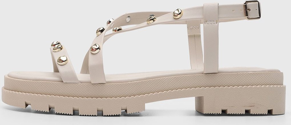 Sandália Baixa Feminina VIA UNO Tiras Aplicação Metálica Off-White