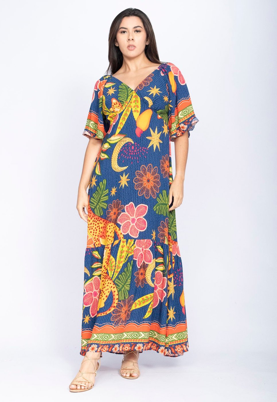 Vestido Amazonia Vital Longo Babado Gola V Jaguá