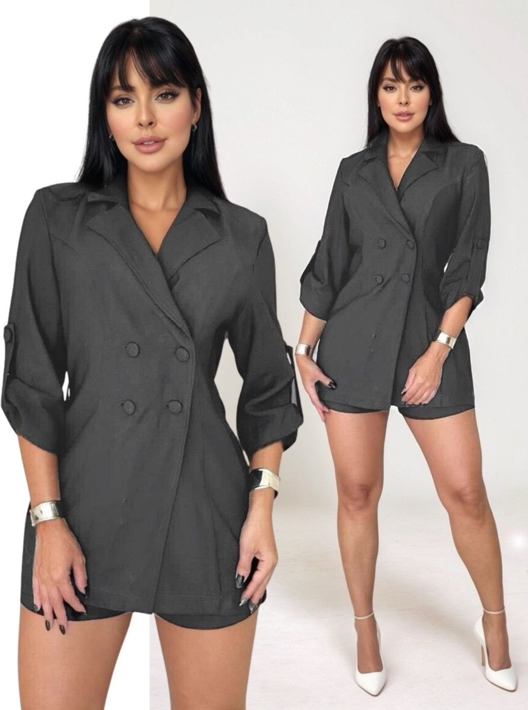 Macacão Blazer Transpassado Tropical Fashion com Mangas 3/4