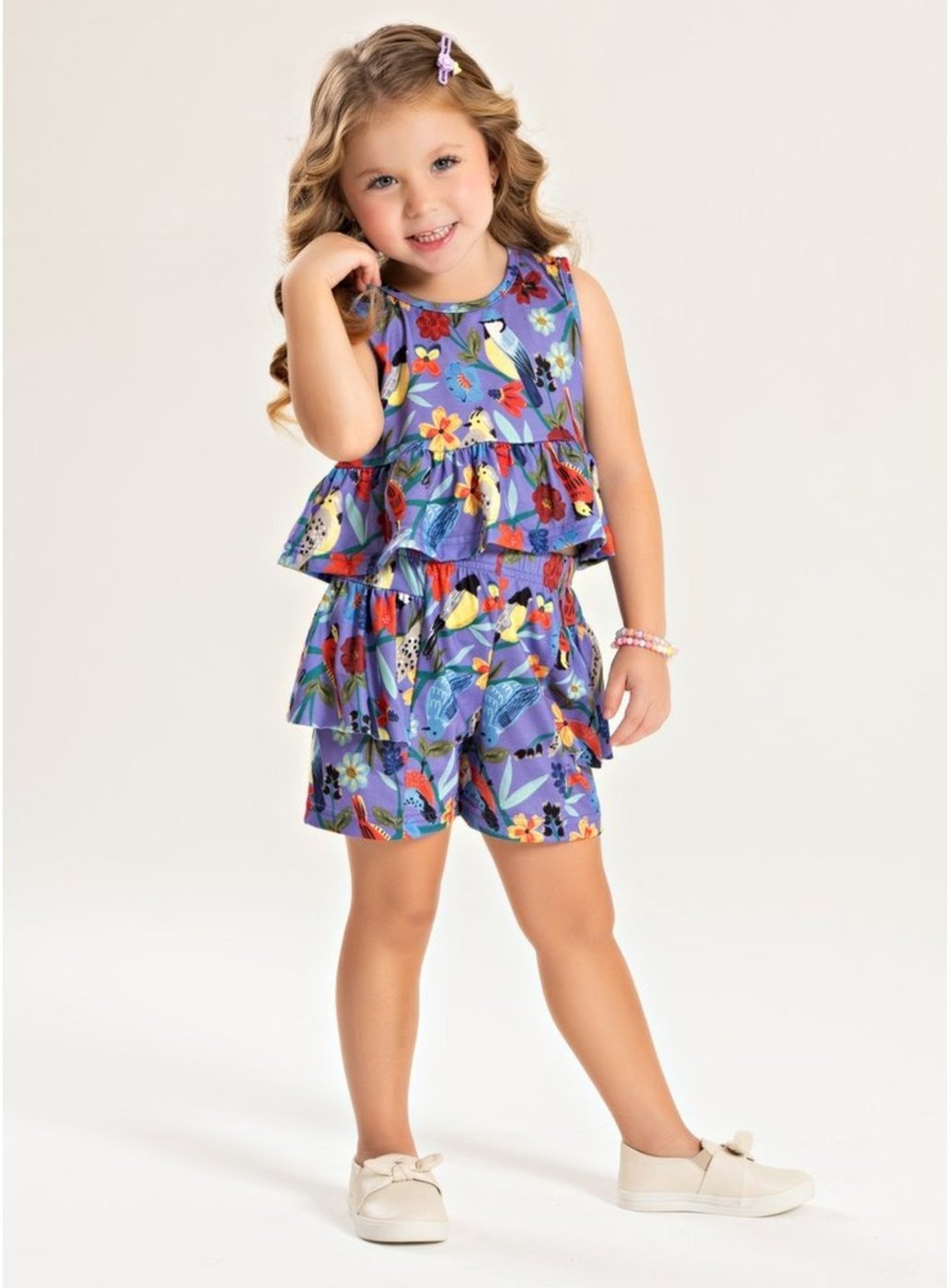 Imagem principal Infantil - Conjunto Verão Menina Tulipa Cropped Regata e Shorts com Babado Jardim dos Pássaros Molekada roxo Molekada roxo