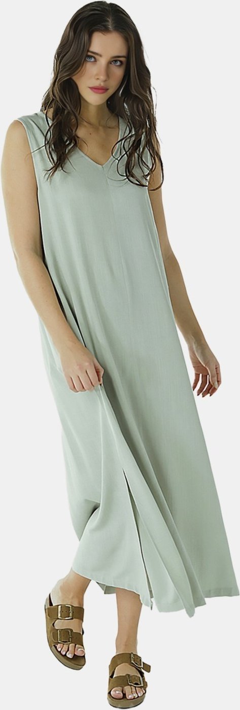 Vestido Longo de Linho Gola V com Bolsos