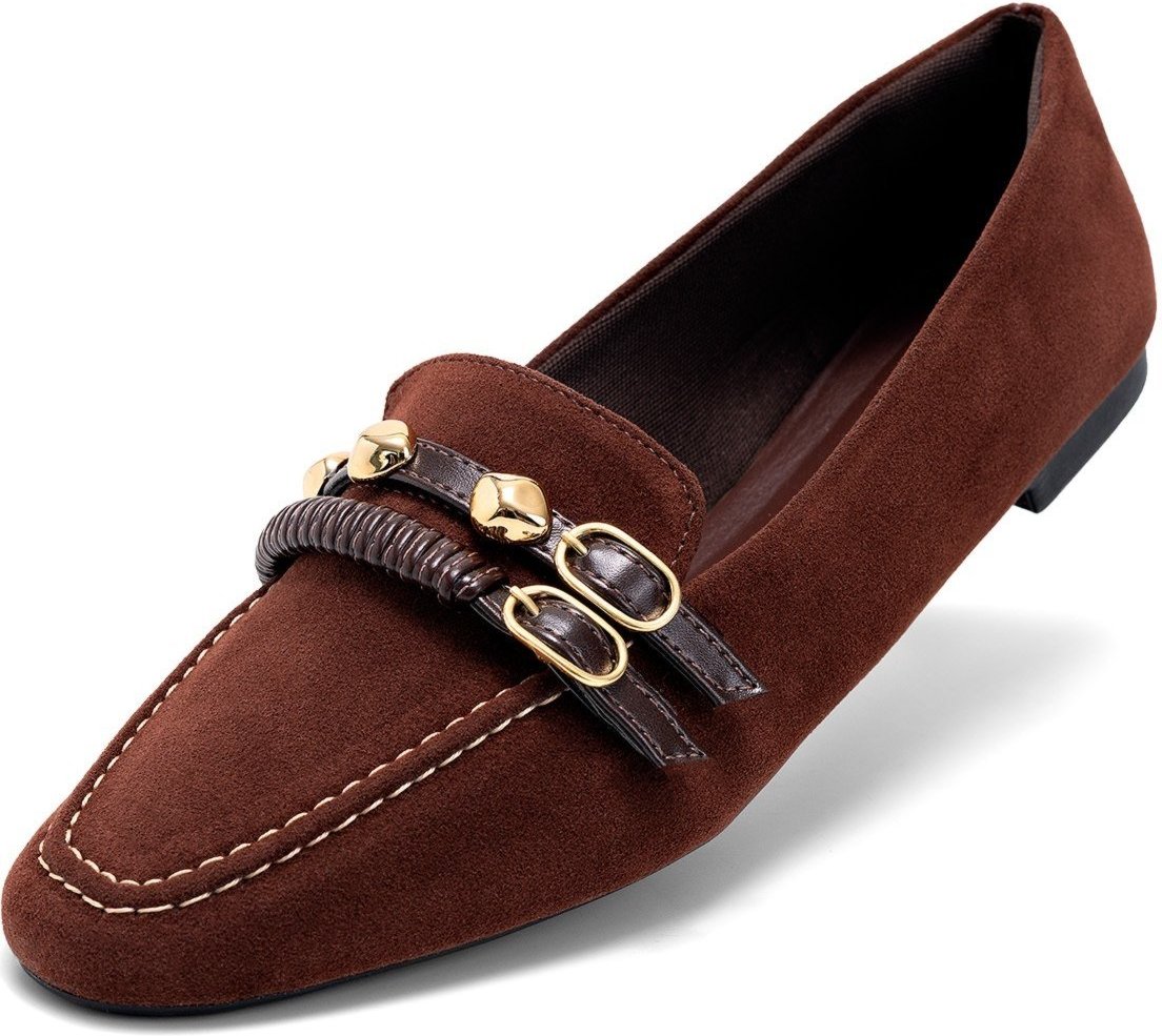 Imagem principal Mocassim Feminino Lumiss Camurça Baixo Bico Redondo Enfeite Metalizado Confortável marrom LUMISS marrom