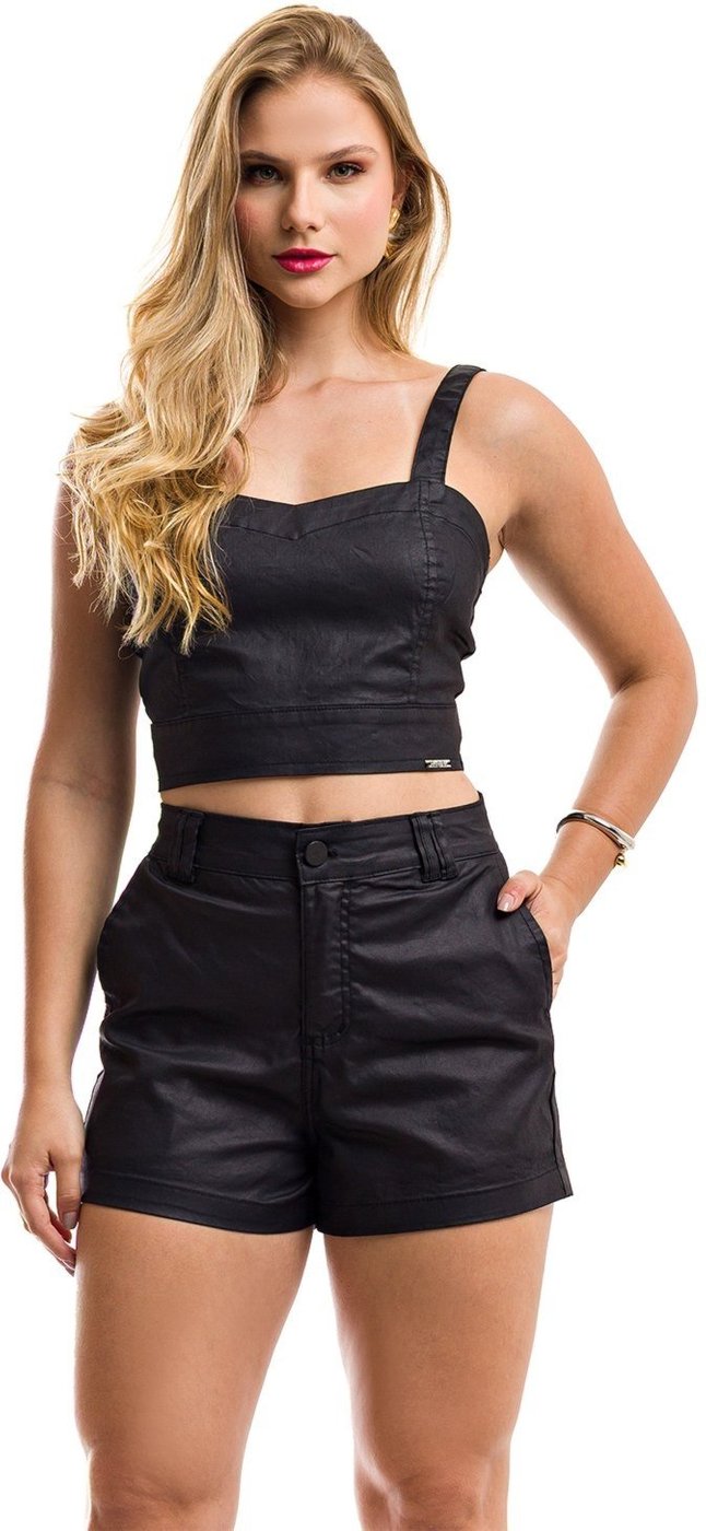 Conjunto Restrito Jeans Cropped e Short Resinado Com Elastano