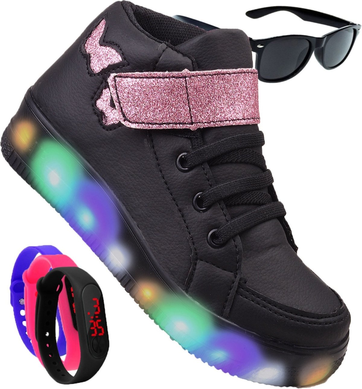 Imagem principal Infantil - Kit Tênis De Led Botinha Borboleta Meninas Brilhante Óculos e Relógio CALCADOS LGHT LIGHT preto CALCADOS LGHT LIGHT preto