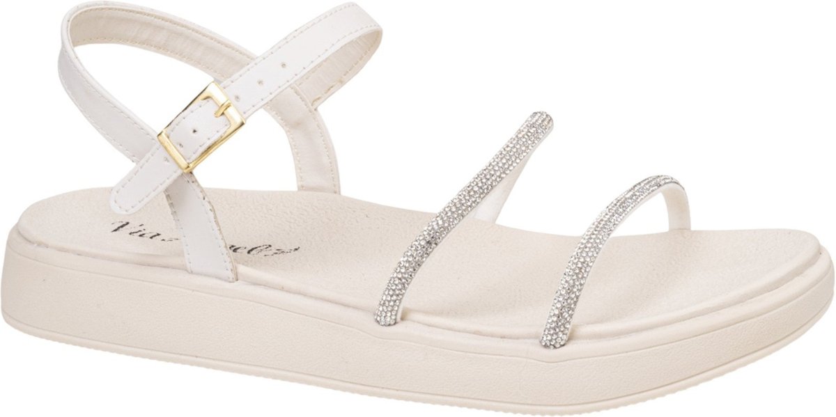 Sandalia Feminina Flatform Papete Strass Confortável Dia a Dia Estilosa Via Angel 7505 Off White