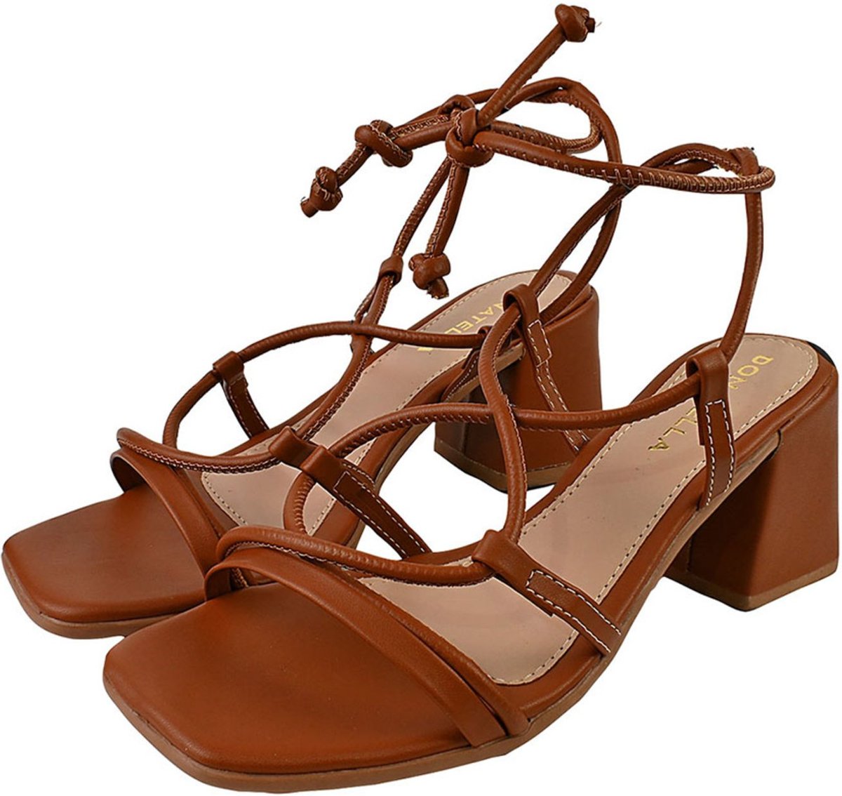 Imagem principal Sandália Feminina Salto Alto Donatella Shoes Amarrar Tira Nó Gladiadora Bico Quadrado Casual Santorine Monte Shoes marrom Monte Shoes marrom