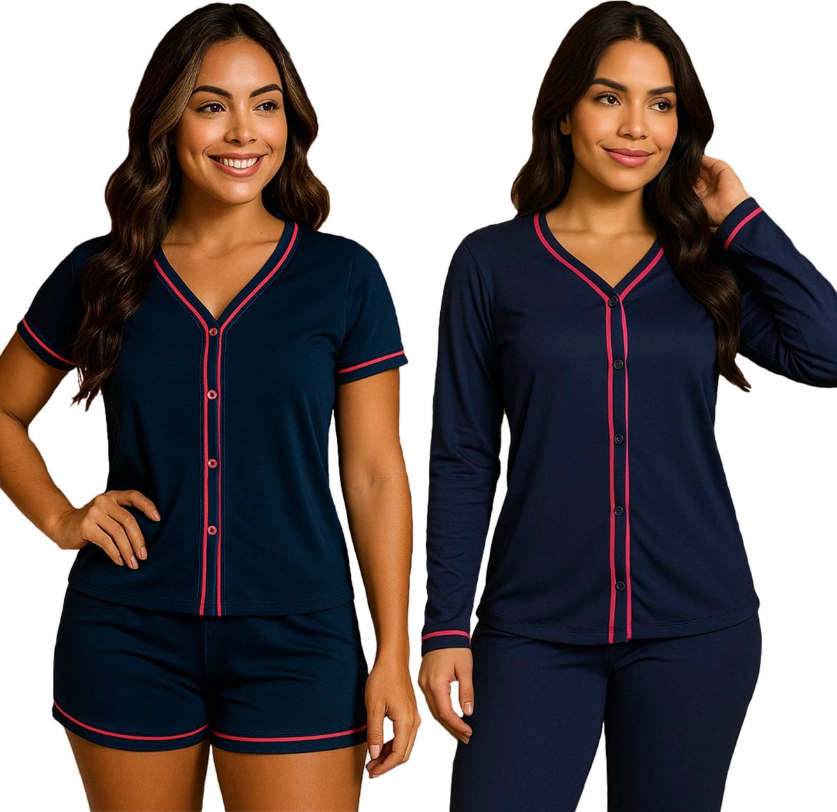 Kit 2 Pijamas Gabi Lingerie Estilo Blogueira Manga Curta e Manga Comprida Modelagem Perfeita Elegante Moda Feminina Marinho