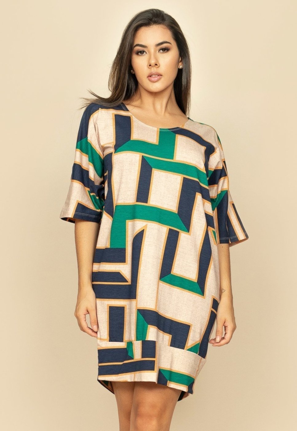 Vestido Curto Malha Morcego Estampa Chapada de Areia