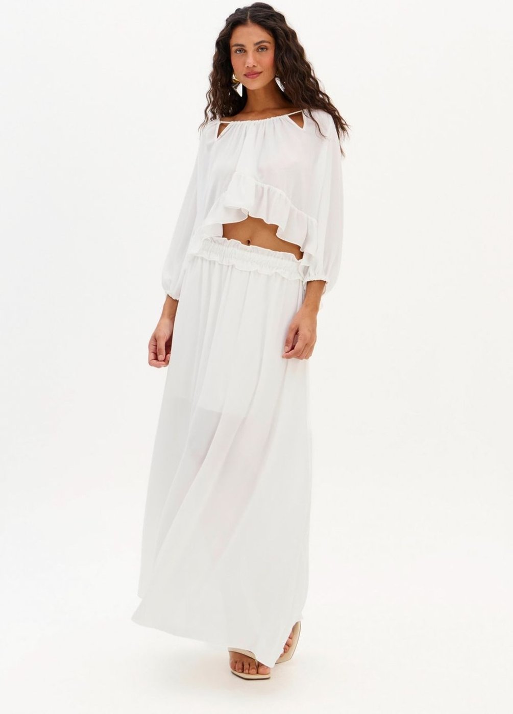 Saia Super Midi Evasê Cós De Babado