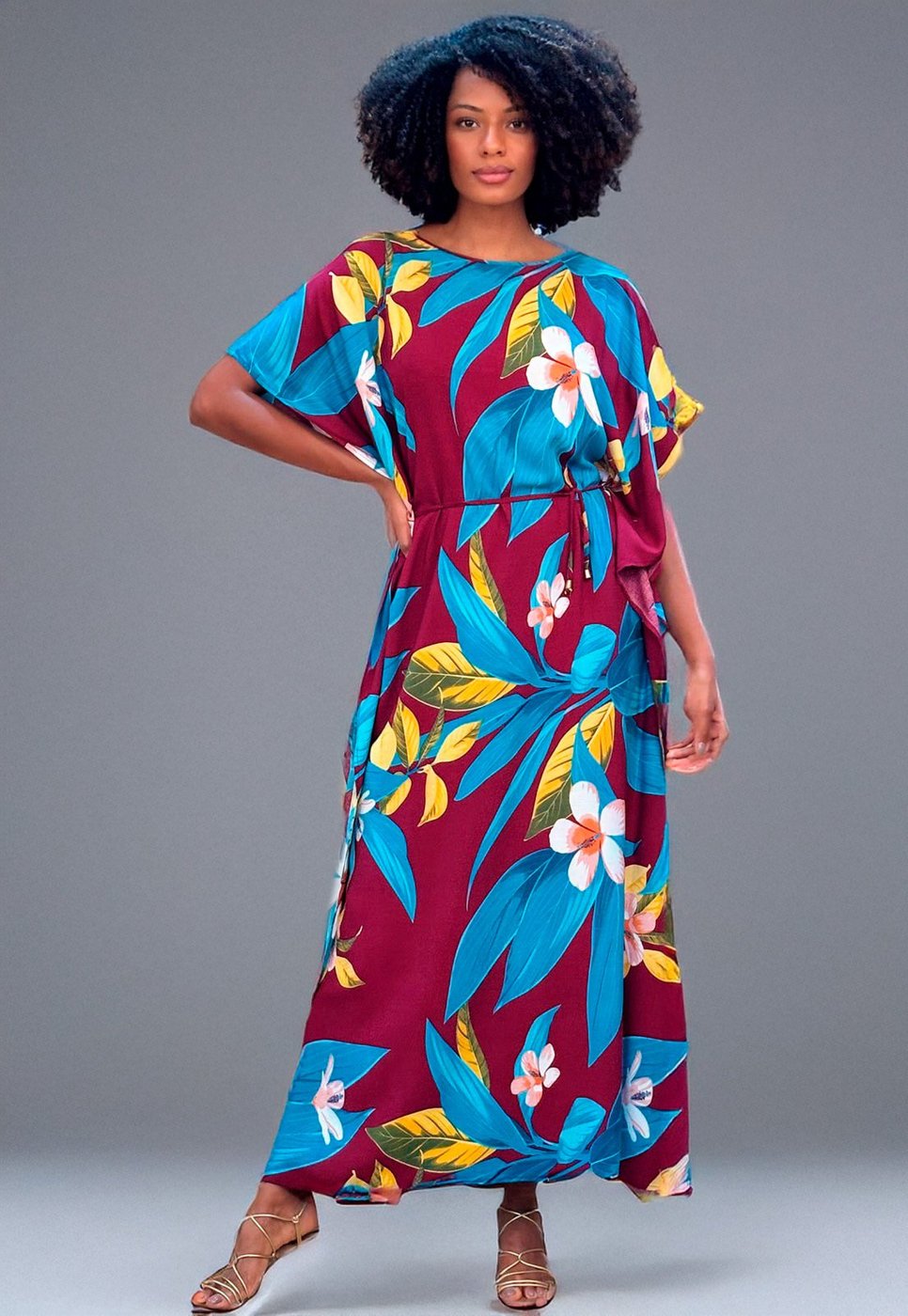 Vestido Amazonia Vital Kaftan Viscose Longo Estampa Floral Outono