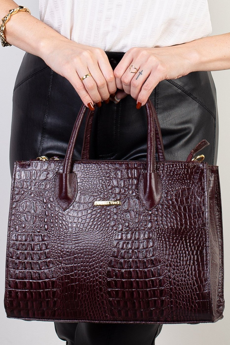 Bolsa Andrea Vinci De Couro Croco Estruturada Valéria - Marsala