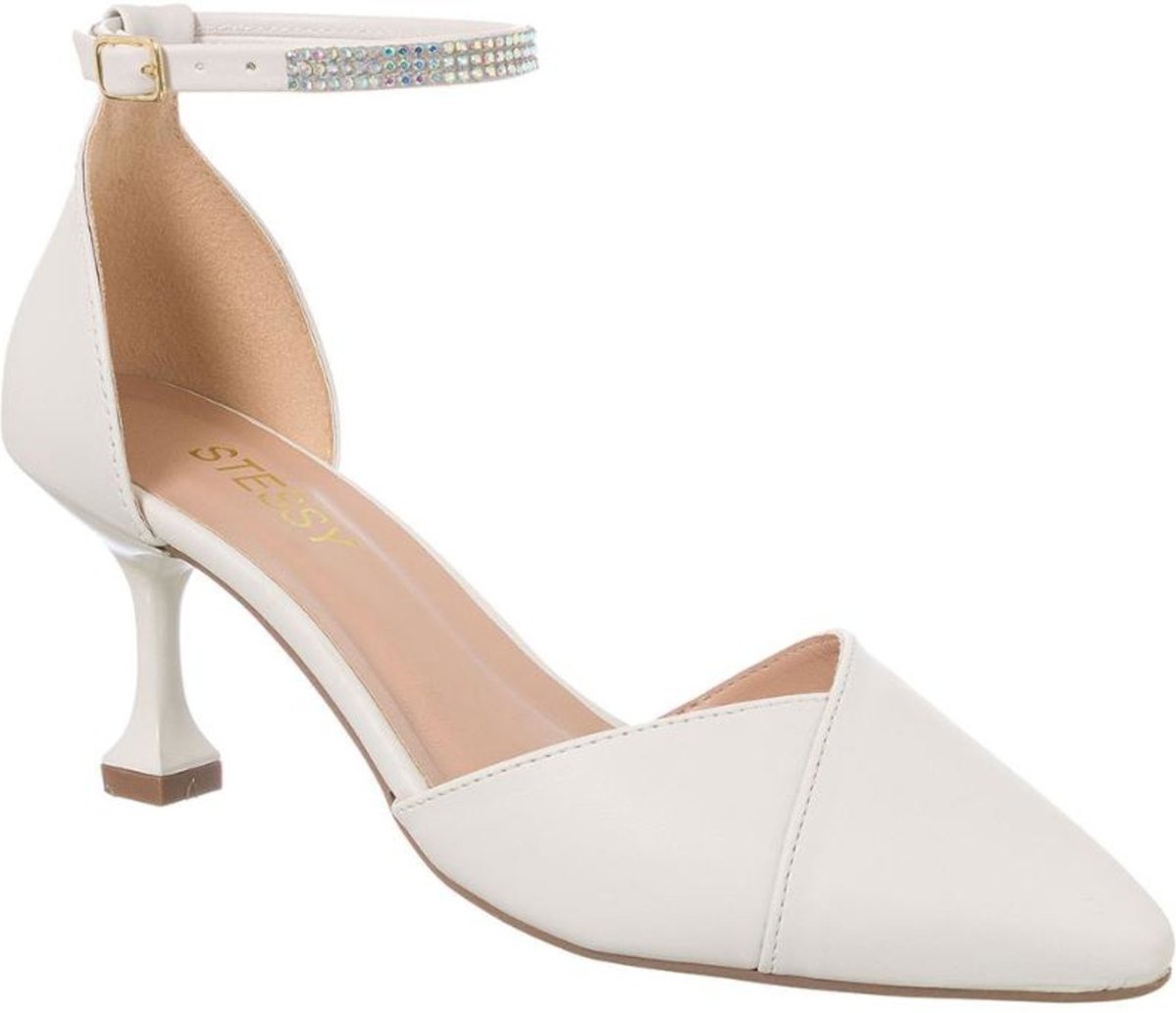 Imagem principal Scarpin Salome Sapato Bico Fino Salto Taça Strass Elegante Off-white Stessy Shoes off-white white Stessy Shoes off-white white