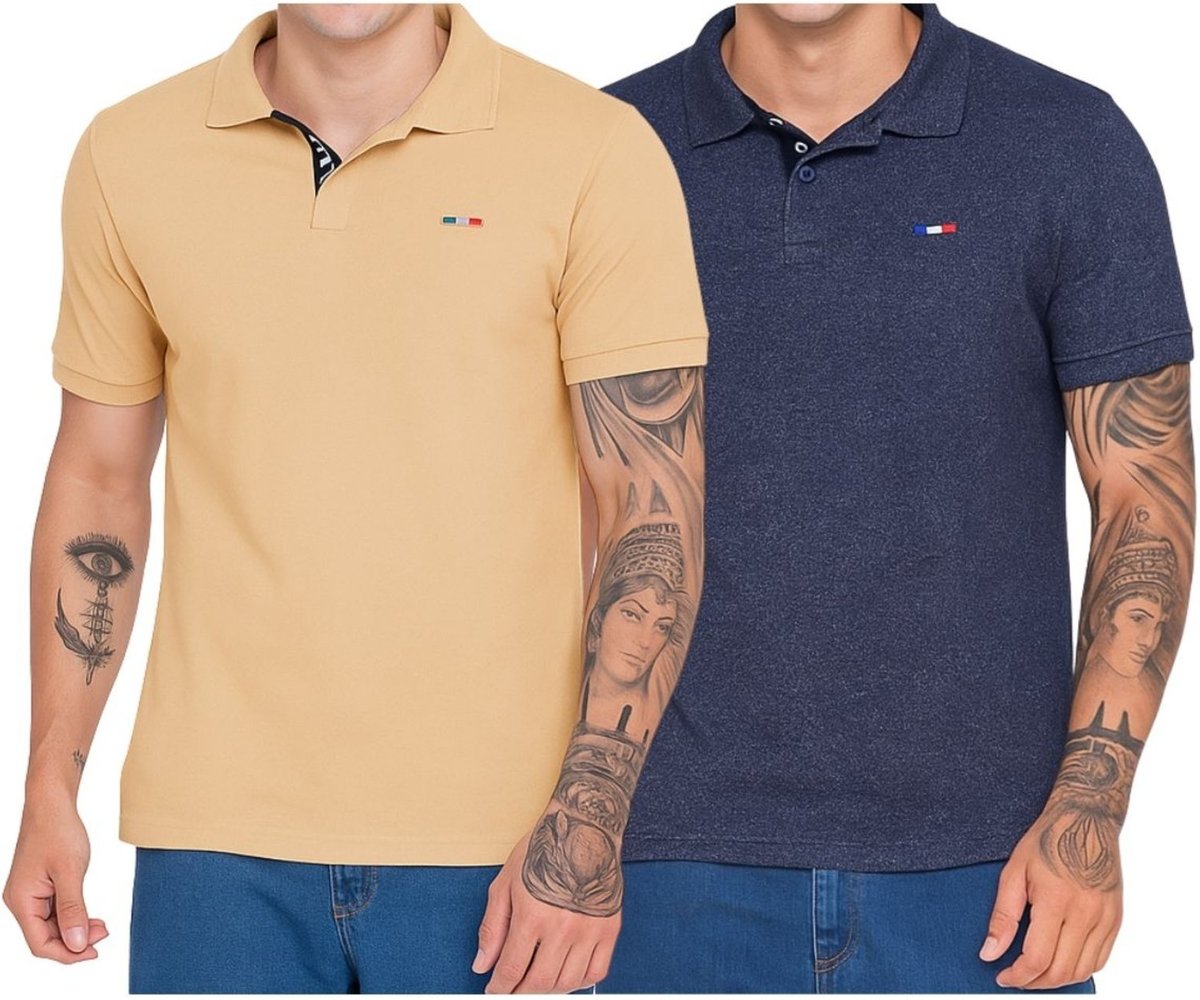 Imagem principal Kit 2 Polos Masculina Básicas FMF Azul Jeans e Bege Claro Piquet no Estilo Tommy Bordado França bege azul FMF bege azul
