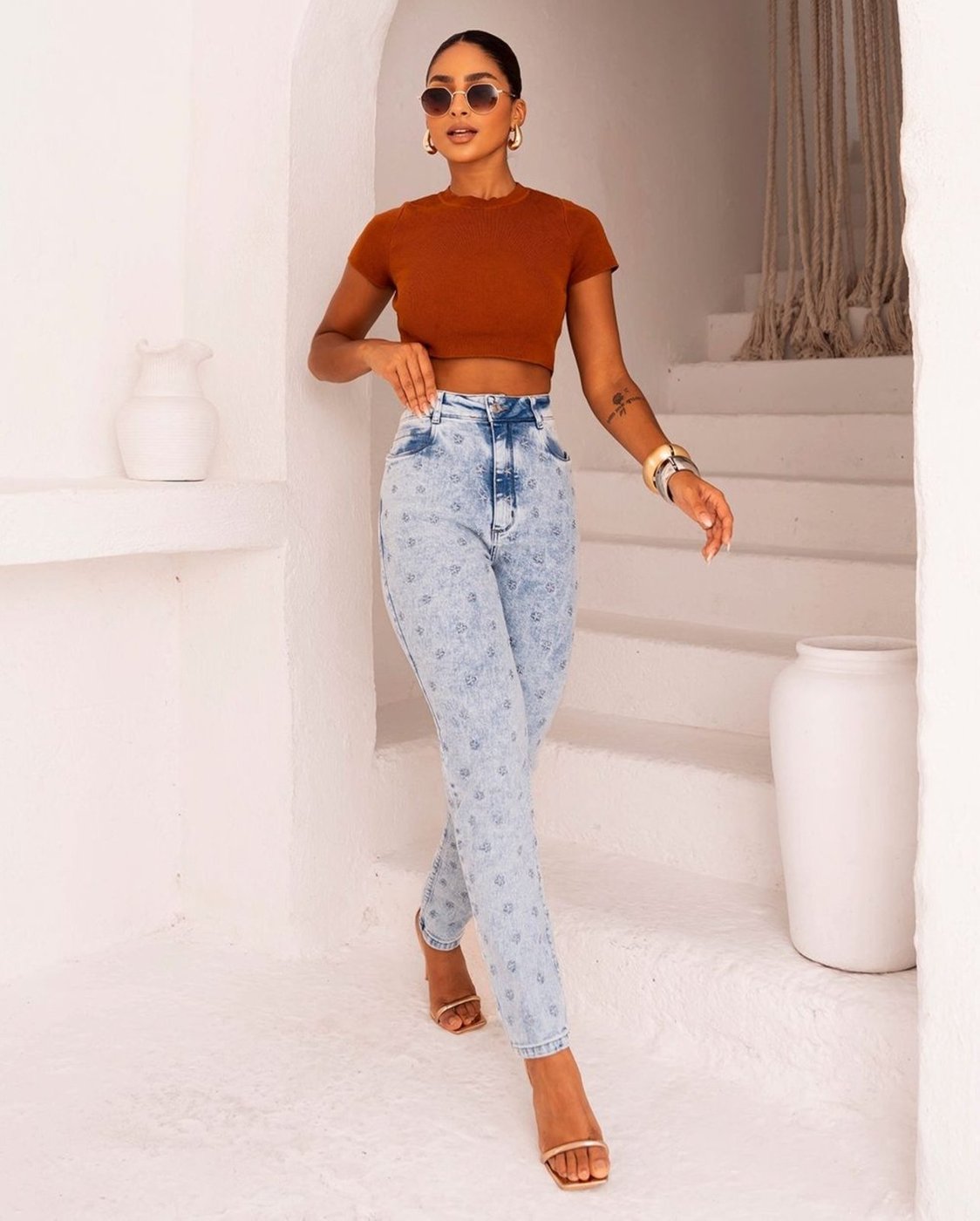 Calça Mom Feminina Cintura Alta Bordado Estrela 23750 Sky